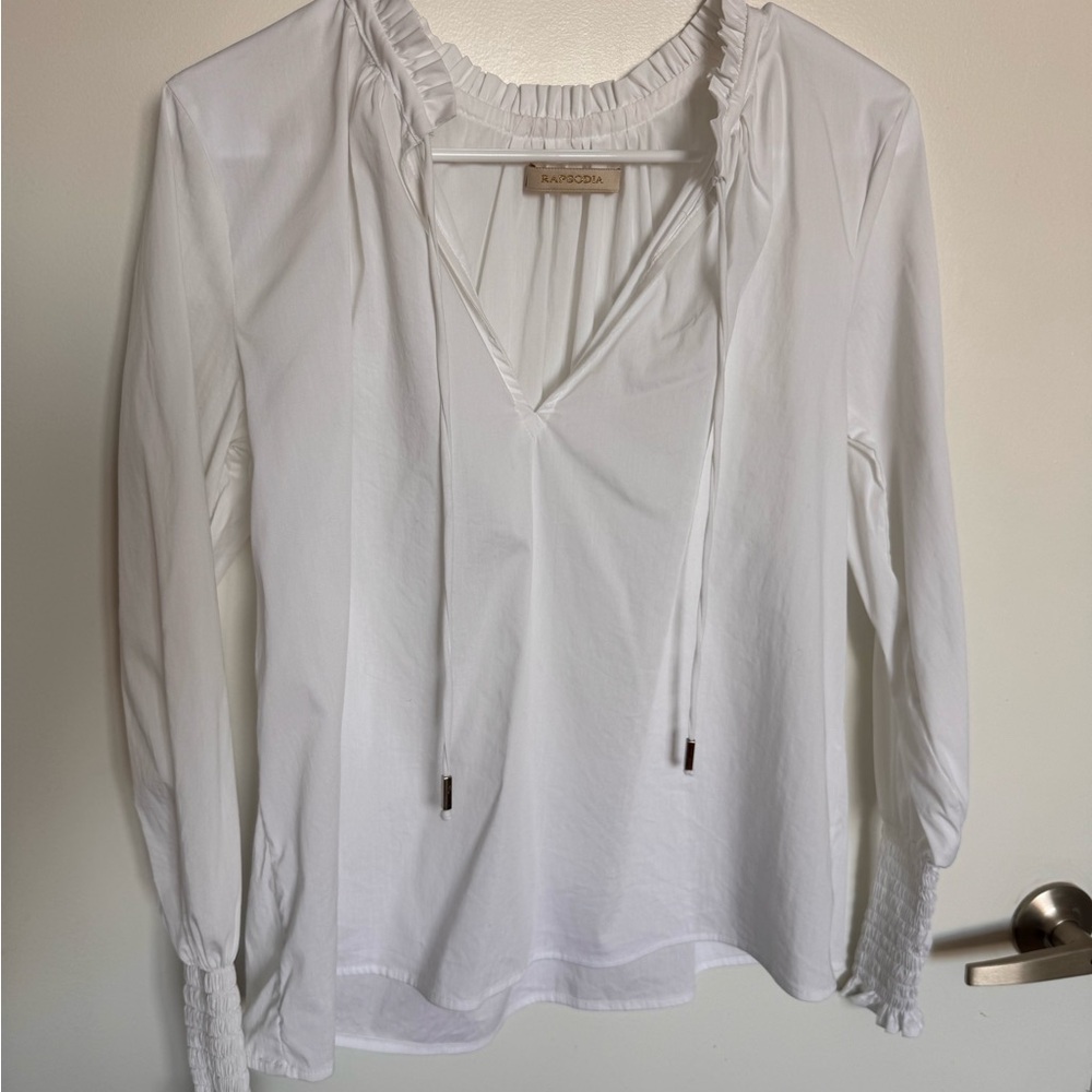 Rapsodia Size S Cotton Blouse White Long Sleeve Smocked Cuffs Ruffle Drawstring